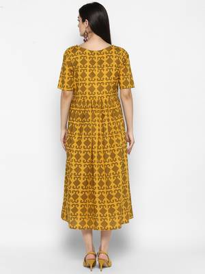 Mustard printed cotton maxi-dresses 3