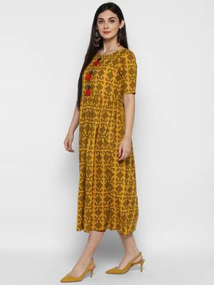 Mustard printed cotton maxi-dresses 4