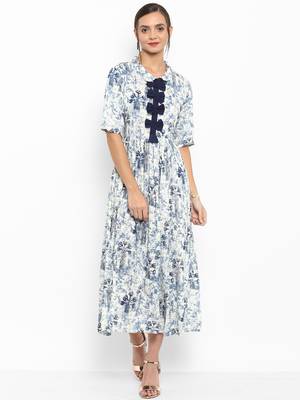 Blue printed viscose rayon maxi-dresses 1