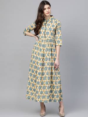Beige printed cotton maxi-dresses 1