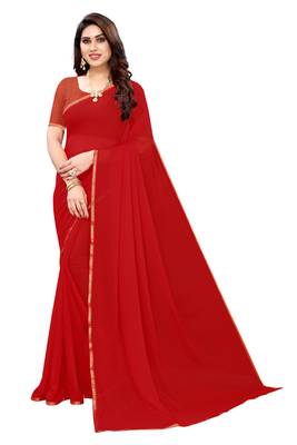 Red plain chiffon saree with blouse 1