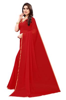 Red plain chiffon saree with blouse 2