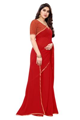 Red plain chiffon saree with blouse 3
