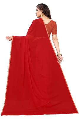 Red plain chiffon saree with blouse 4