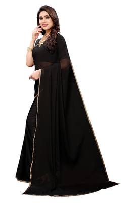 Black plain chiffon saree with blouse 2