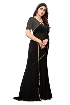 Black plain chiffon saree with blouse 3