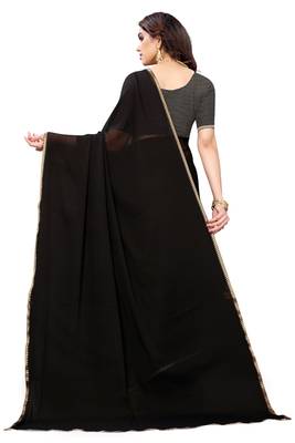 Black plain chiffon saree with blouse 4
