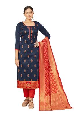  Navy blue Banarasi silk Unstitched dress material 1