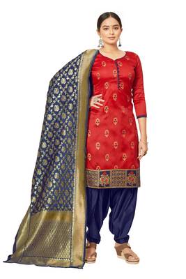 VredeVogel Red Banarasi silk Unstitched dress material 1