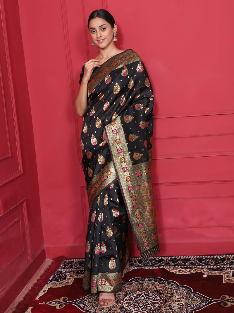 Glemora Black Designer Ethnic Wear Silk Blend  Traditional Saree