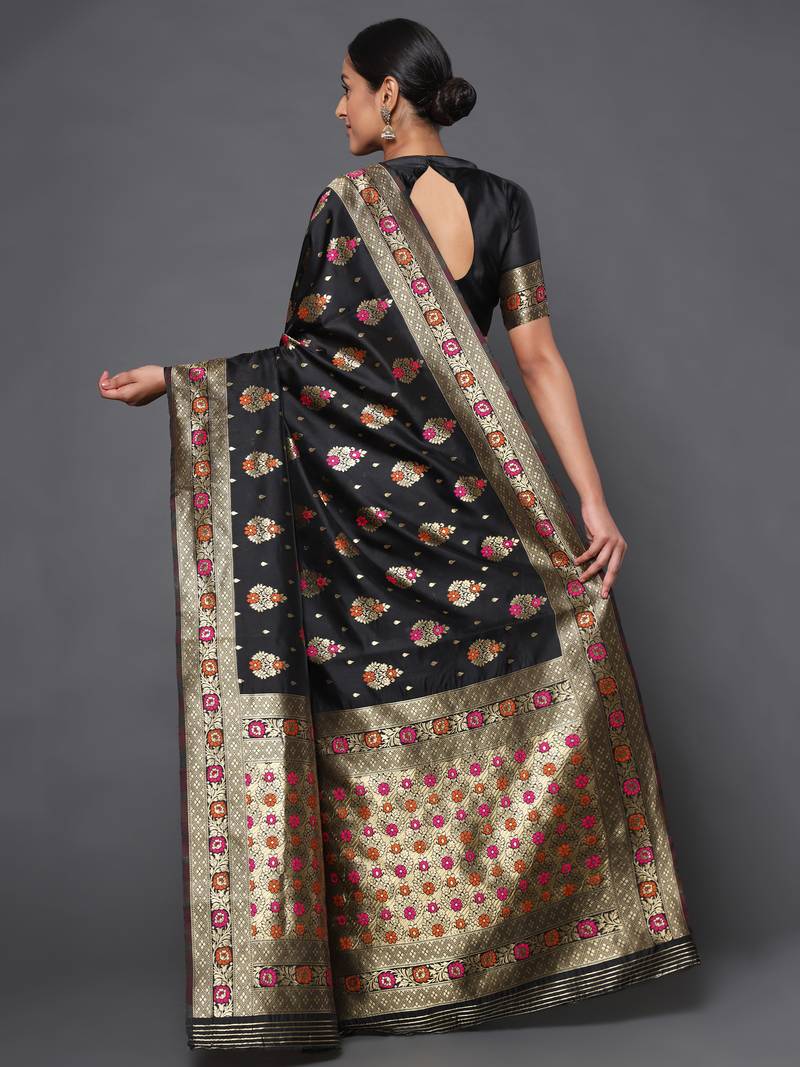 Glemora Black Designer Ethnic Wear Silk Blend  Traditional Saree