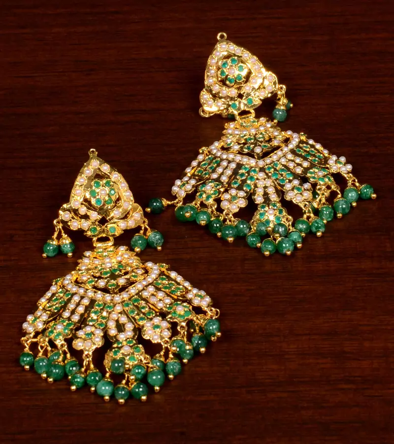 Gold Plated Emerald Stone Embellished High-End Jadau Earrings JEP6 