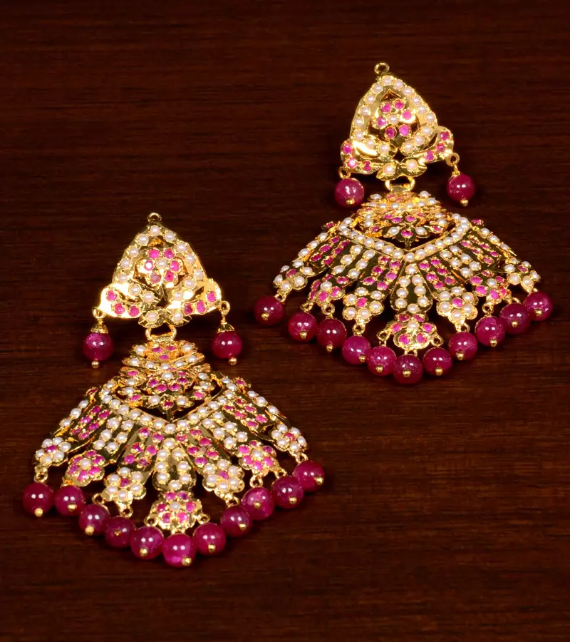 Gold Plated Ruby Stone Embellished High-End Jadau Earrings JEP7 
