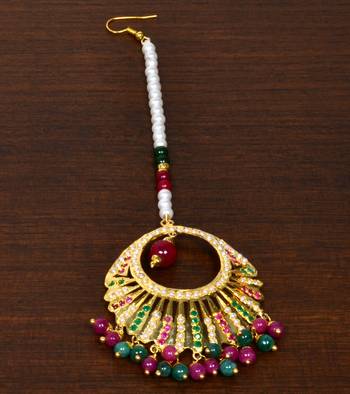 Gold ruby and panna stone embellished jadau maang-tikka JMT44 1
