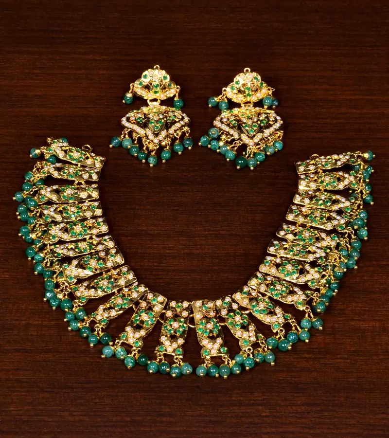 Gold Plated Panna Stone Embellished Designer Jadau Necklace JNS11