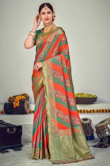 Orange and Green Banarasi with Zari Weaving Silk Traditional Maharani saree