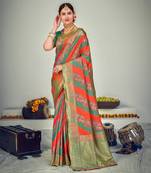 Orange and Green Banarasi with Zari Weaving Silk Traditional Maharani saree
