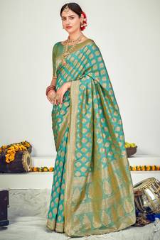 Firozi Banarasi with Zari Weaving Silk Traditional Maharani saree