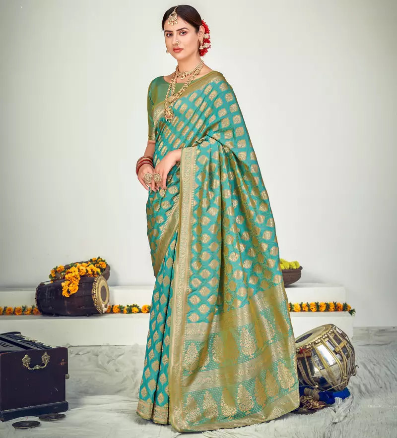 Firozi Banarasi with Zari Weaving Silk Traditional Maharani saree