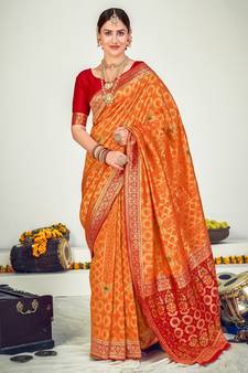 Orange Banarasi with Zari Weaving Silk Traditional Maharani saree