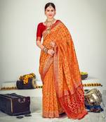Orange Banarasi with Zari Weaving Silk Traditional Maharani saree
