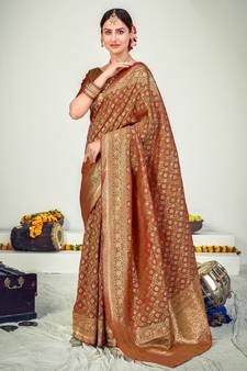 Brown Green Banarasi with Zari Weaving Silk Traditional Maharani saree