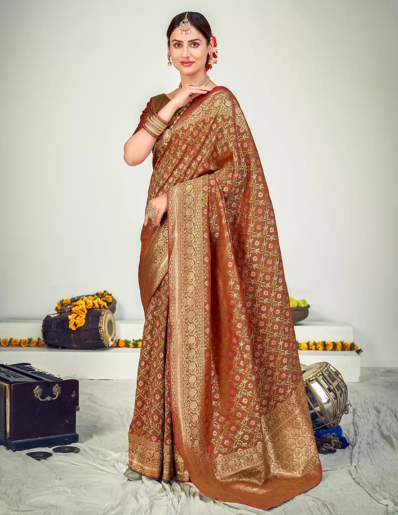 Brown Green Banarasi with Zari Weaving Silk Traditional Maharani saree