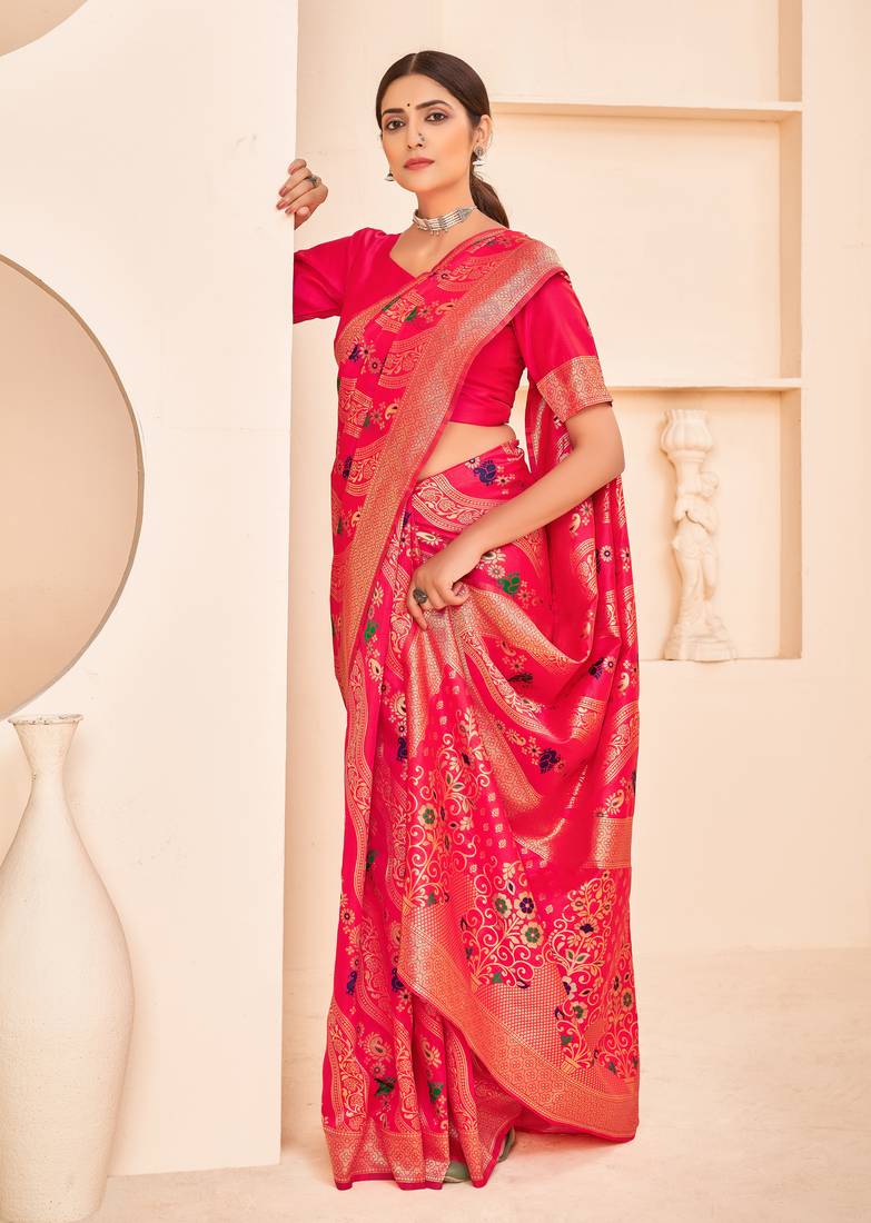 Deep pink Banarasi Weaving Silk Traditional Rajwadi saree