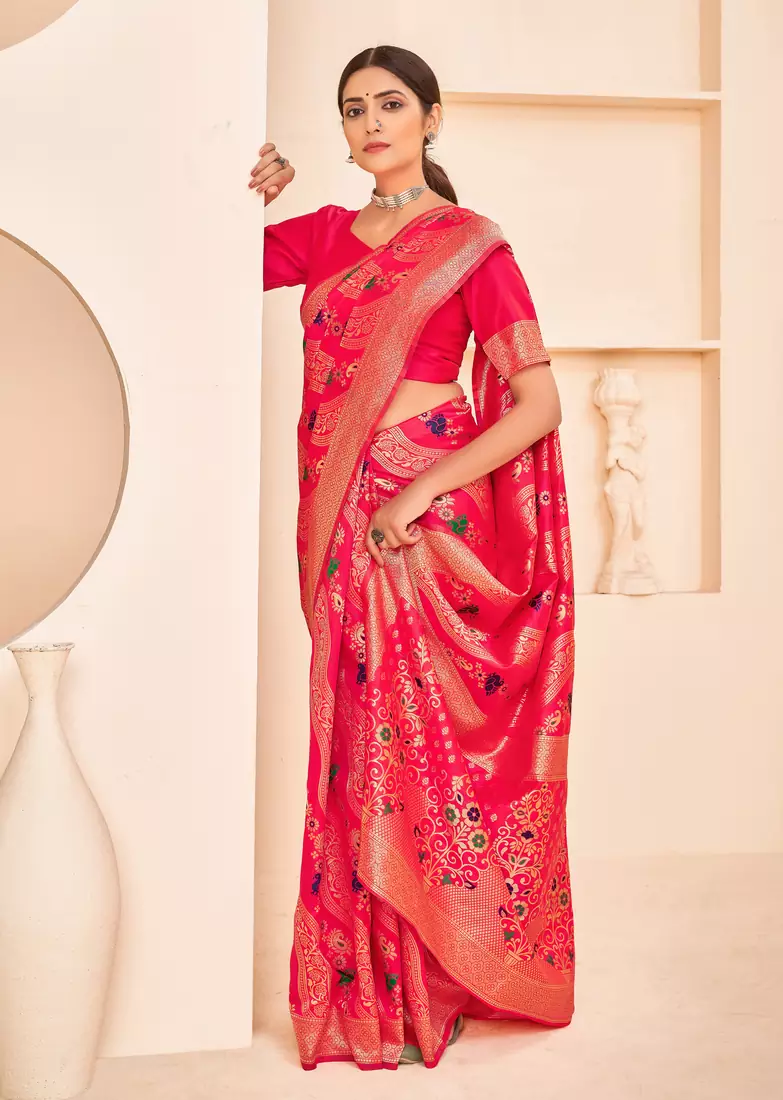 Deep pink Banarasi Weaving Silk Traditional Rajwadi saree