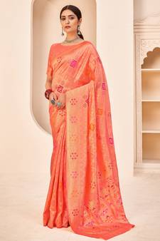 Peach Banarasi with Patola Weaving Silk Traditional Rajwadi saree