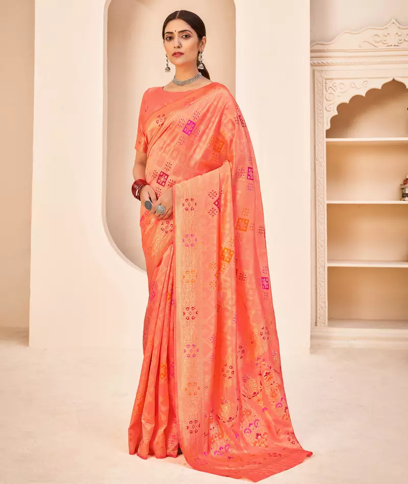 Peach Banarasi with Patola Weaving Silk Traditional Rajwadi saree