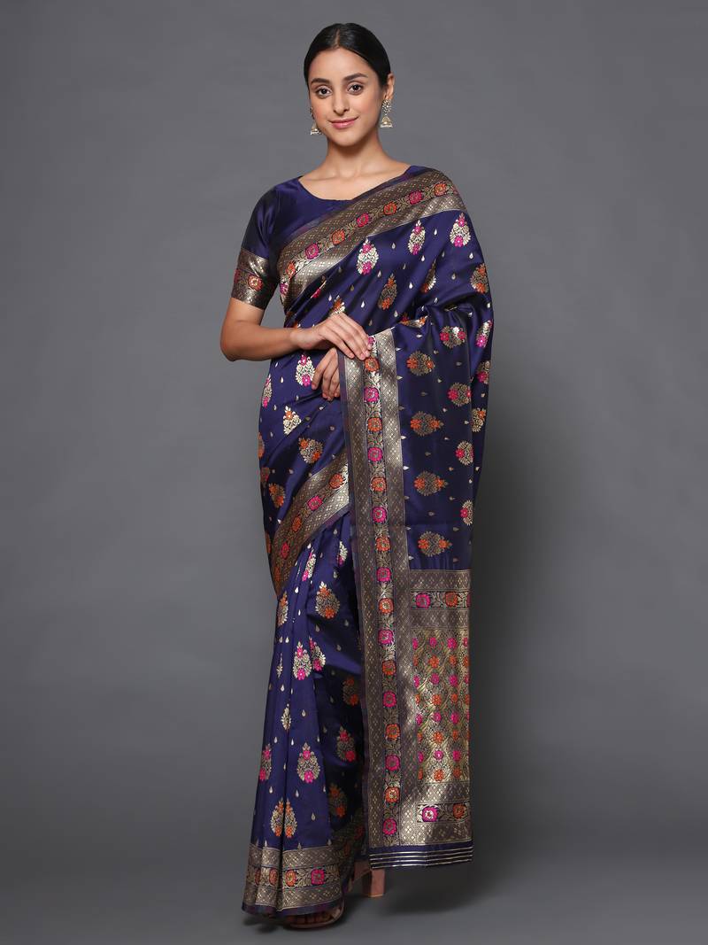 Glemora  Nevy Blue Designer Ethnic Wear Silk Blend  Traditional Saree