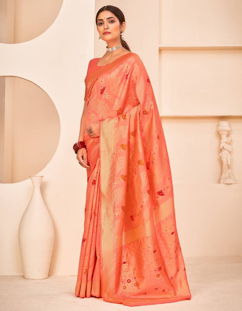 Peach Banarasi Weaving Silk Traditional Rajwadi saree