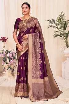 Wine Banarasi Weaving Silk Traditional Royal saree
