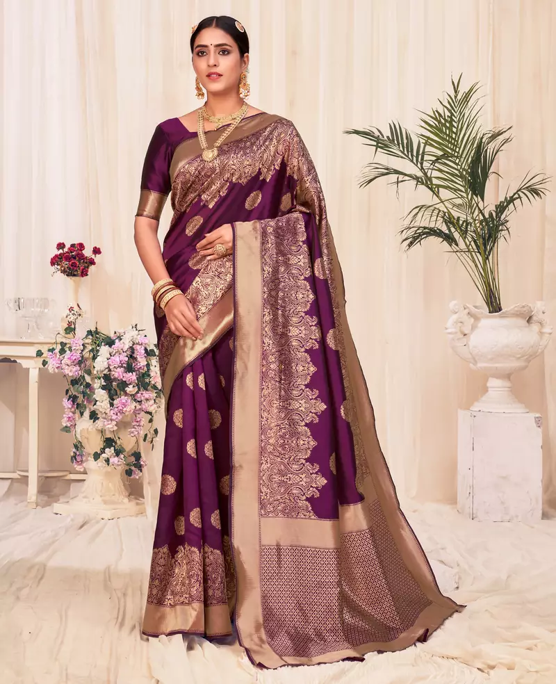 Wine Banarasi Weaving Silk Traditional Royal saree