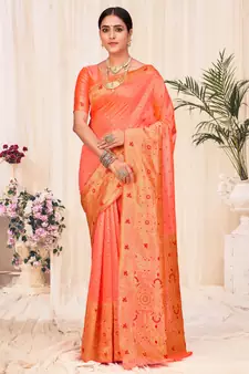 Peach Banarasi Weaving Silk Traditional Royal saree