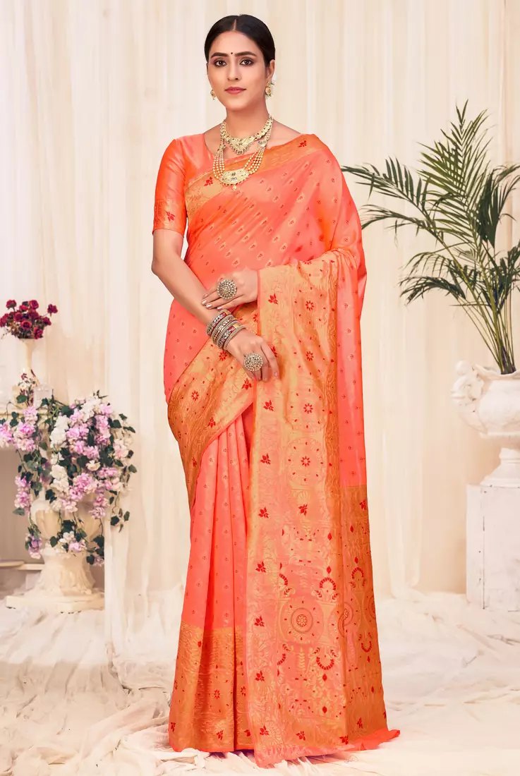 Peach Banarasi Weaving Silk Traditional Royal saree
