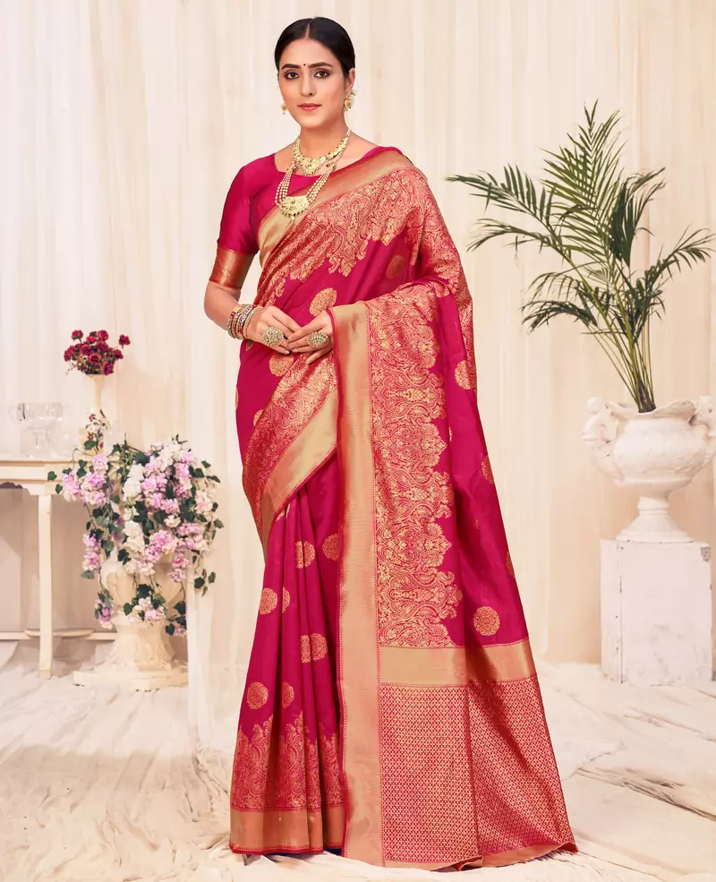 Dark pink Banarasi Weaving Silk Traditional Royal saree