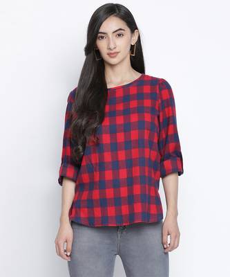 Dramtic red brush check women top 1