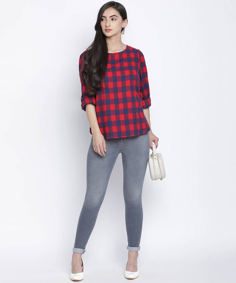 Dramtic red brush check women top