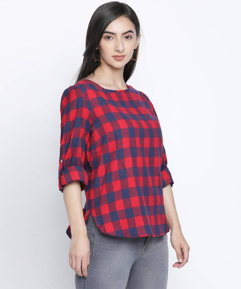 Dramtic red brush check women top