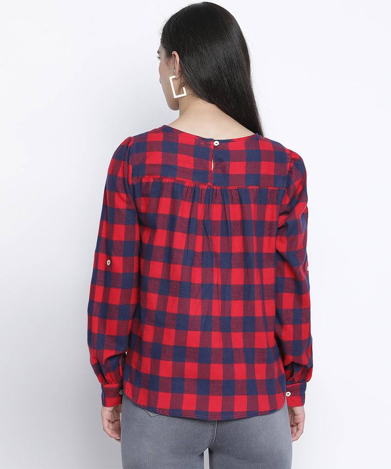 Dramtic red brush check women top
