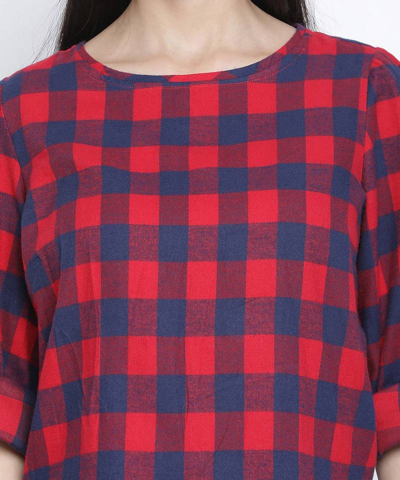 Dramtic red brush check women top