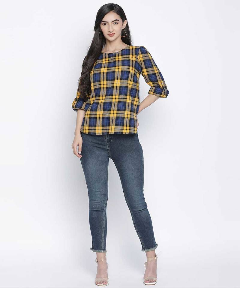 Yellow bellow bruish check women top