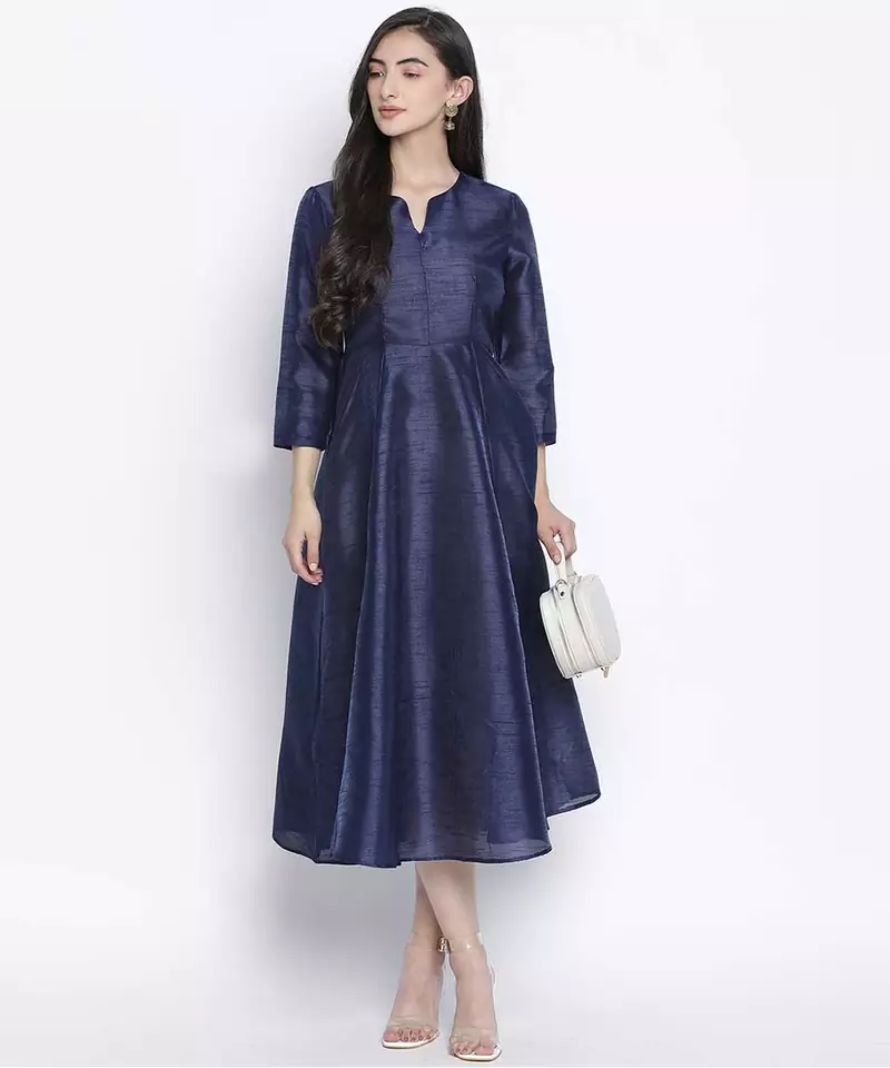 Lazzle navy blue Dupion silk women long dress