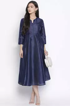 Lazzle navy blue Dupion silk women long dress