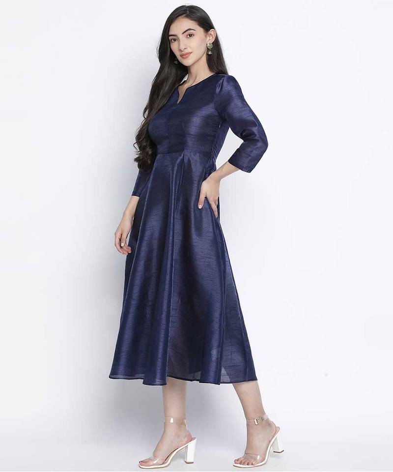 Lazzle navy blue Dupion silk women long dress