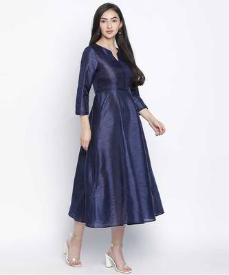 Lazzle navy blue Dupion silk women long dress 3