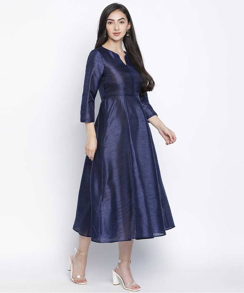 Lazzle navy blue Dupion silk women long dress
