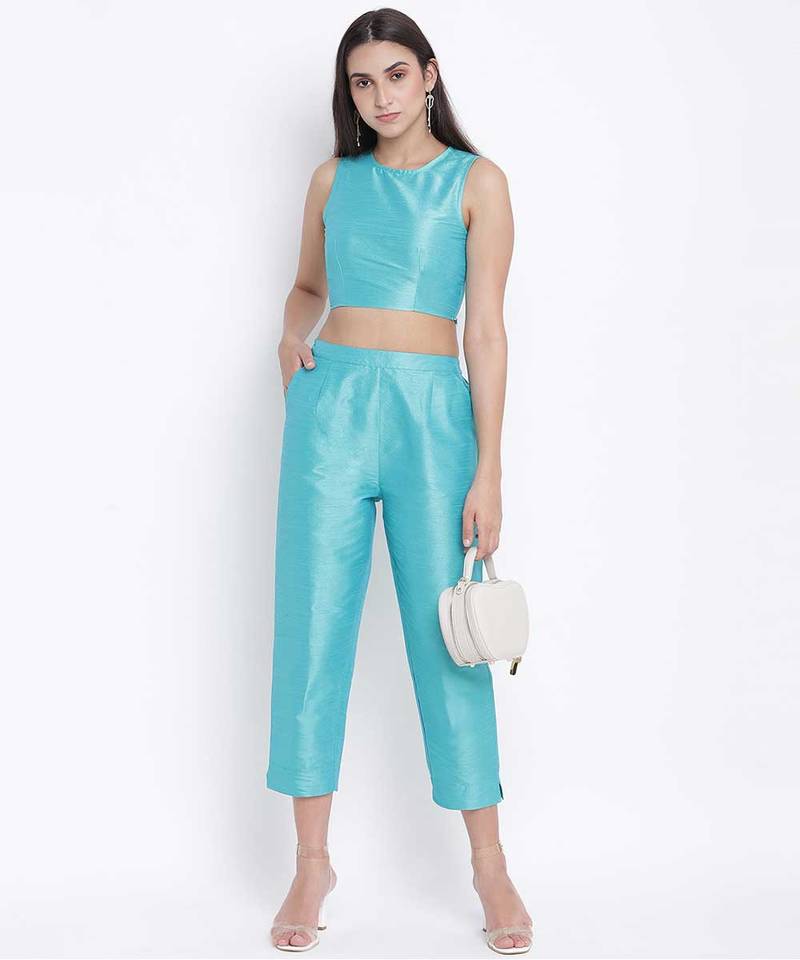 Mettalic Turq Dupion silk women crop top